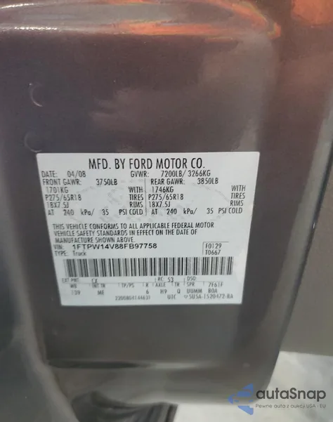 2008 Ford F150 Supercrew из США, поврежденный, VIN 1FTPW14V88FB97758